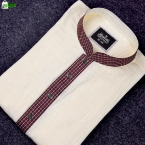 চেক কন্ট্রাস্ট খাদি পাঞ্জাবি (ক্রিম কালার)